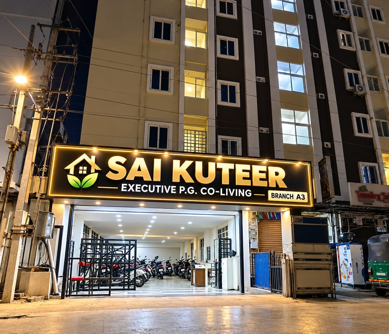 VIP Hills building at night, with an illuminated Sai Kuteer name board above a lit ground-floor entrance and parking area